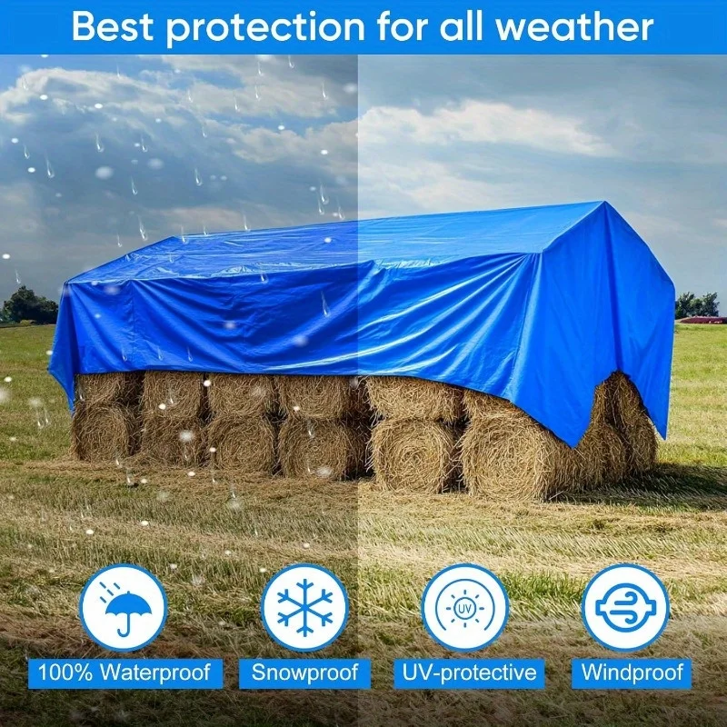 Double-Sided Blue-Orange 8-Mil Waterproof Tarpaulin The Blue Side Resists Rain, Frost, and Freezing, While the Orange Side Blocks Sunlight and Uv Rays. Made of Thickened Pe Material with Grommets Along the Edges, Available in Multiple Sizes!