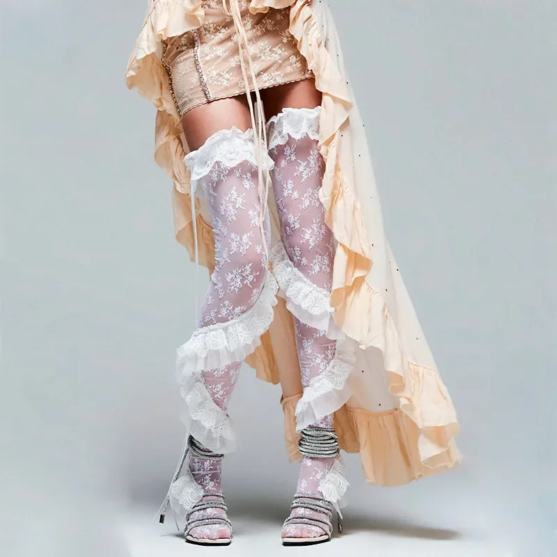 Frill Trim Lace Thigh High Socks for Women Sheer Ruffle Floral See Through Stockings Lady Girls Kawaii Gothic Y2K Stockings