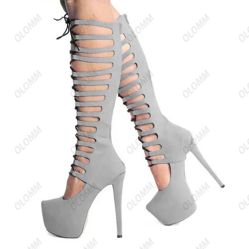 Olomm New Women Platform Knee Boots Back Zipper Stiletto Heels Round Toe Pink Club Wear Shoes Ladies Plus US Size 5-20