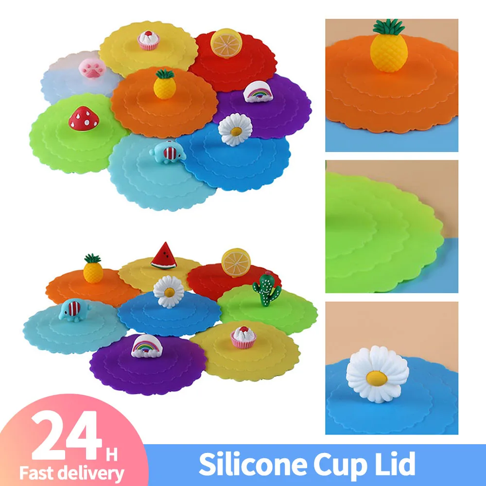 8Pcs Cup Cover Heat-resistant Silicone Sealed Lids Cartoon Food-grade Cute Funny Peculiar for Outdoor Camping Travelling
