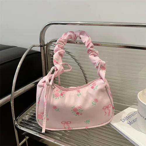 Imagen 2 del producto Bolso de lona con flores suaves y dulces para mujer, nuevo bolso de hombro con cordón, lazo de flores rotas de alta belleza, 2025