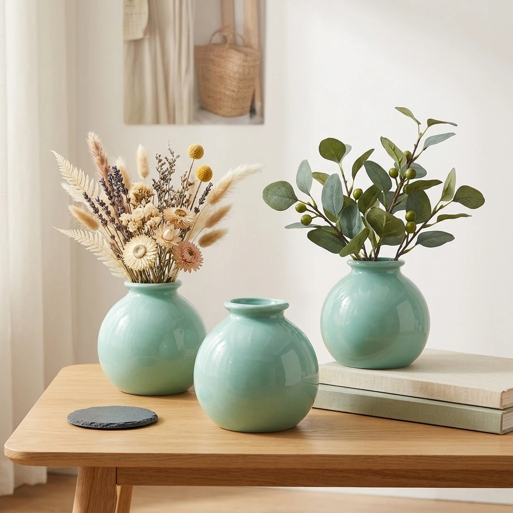 Glazed Ceramic Vase for Living Room Home Decor Modern Small Flower Pot Wide Mouth Desktop Vase for Artificial Flowers Holder