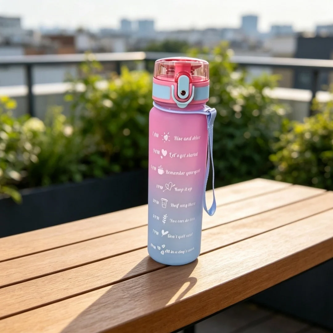 Gradient Frosted Time Marker Plastic Sports Water Bottle, Flip‑Top Leakproof Lid with Carry Lanyard for Gym Outdoor Fitness