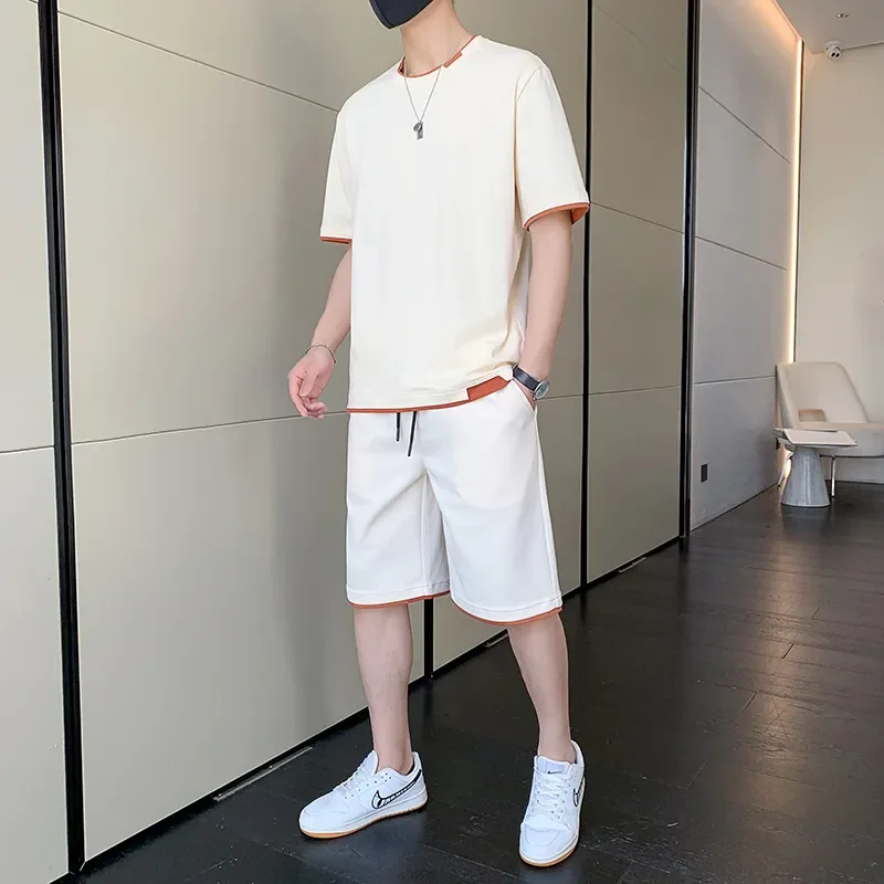 

Fashionable Short-sleeved T-shirt Fake Two-piece Sports Suit for Men 2025 New Ice Silk Thin Casual Suit