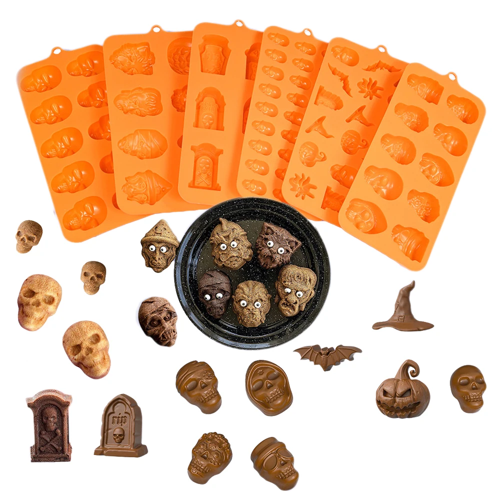 Halloween Mold Pumpkin Skull Ghost Spider Witch Bat Tombstone Design Halloween Elements Cake Mould Silicone Chocolate Mold