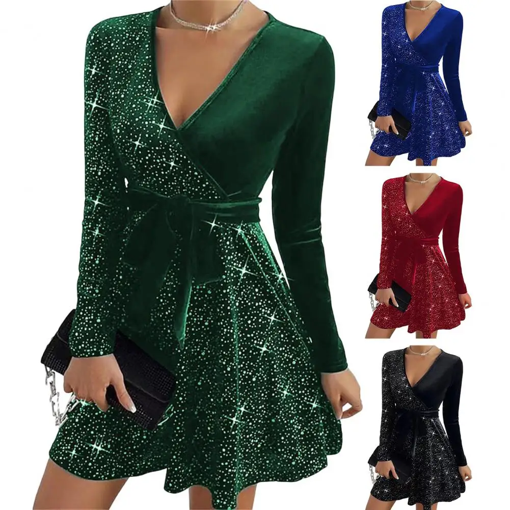 Automne printemps femmes robe col en V à lacets taille serrée paillettes décor a-ligne grand ourlet manches longues bal de promo Mini robe 자 ベルmenta