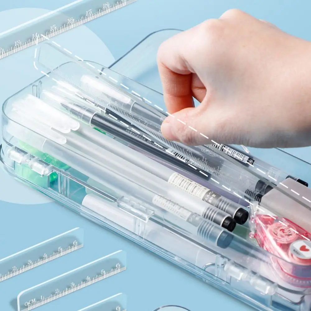 Large Capacity Transparent Pencil Case Space-Saving Plastic Stationery Storage Box Double Open Stackable Sketch Pen Bag