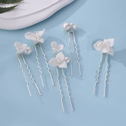 White Ceramic Flower Hair Clips Elegant Bride Wedding Hairpins U Shaped Hair Sticks Pearls Headpieces Bridal Hair Jewelry