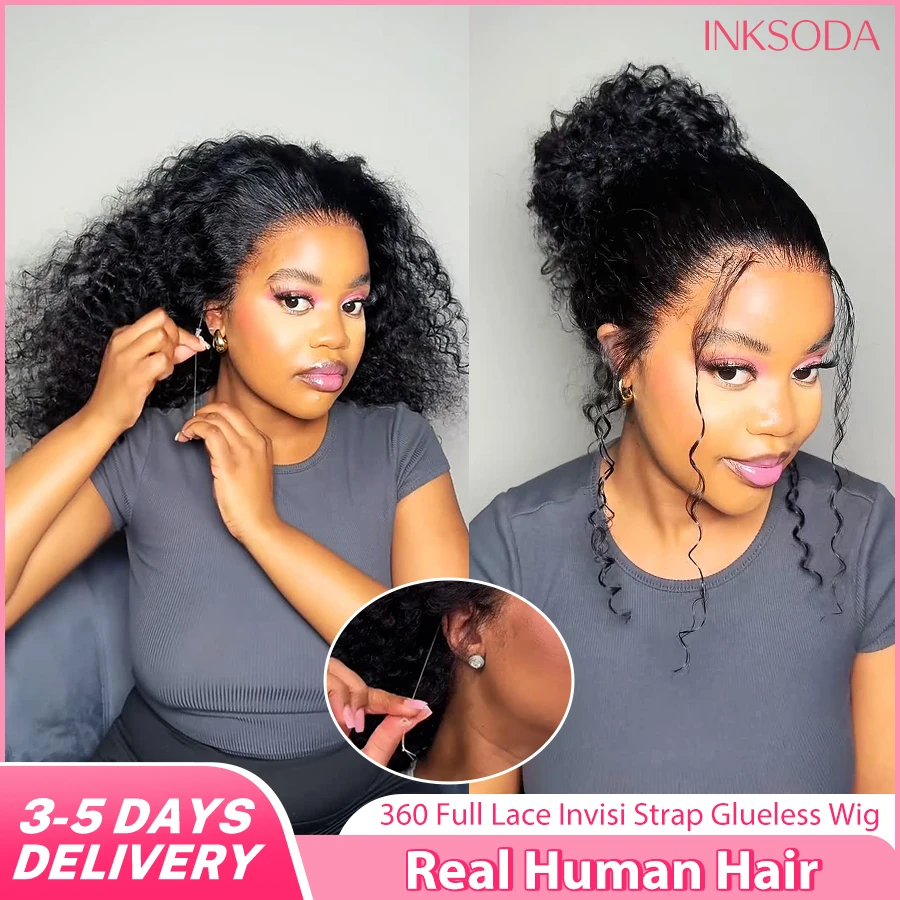30 40 Inch 220% Density Invisi Strap 360 Full HD Lace Frontal Curly Wig Black Human Hair Drawstring Snug Deep Wave Glueless Wigs Invisible Strap Glueless Invisi Strap Full Lace Curly Wig For Women Ready To Wear Preplucked Prebleached