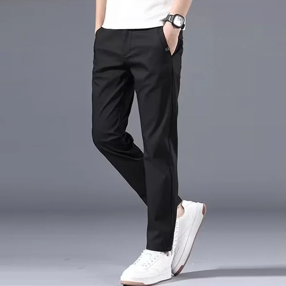 Summer Men\'s Slim Fit Thin Chino Pant Casual Flat Front Flex Classic Full Pants Middle Waist Man Trousers