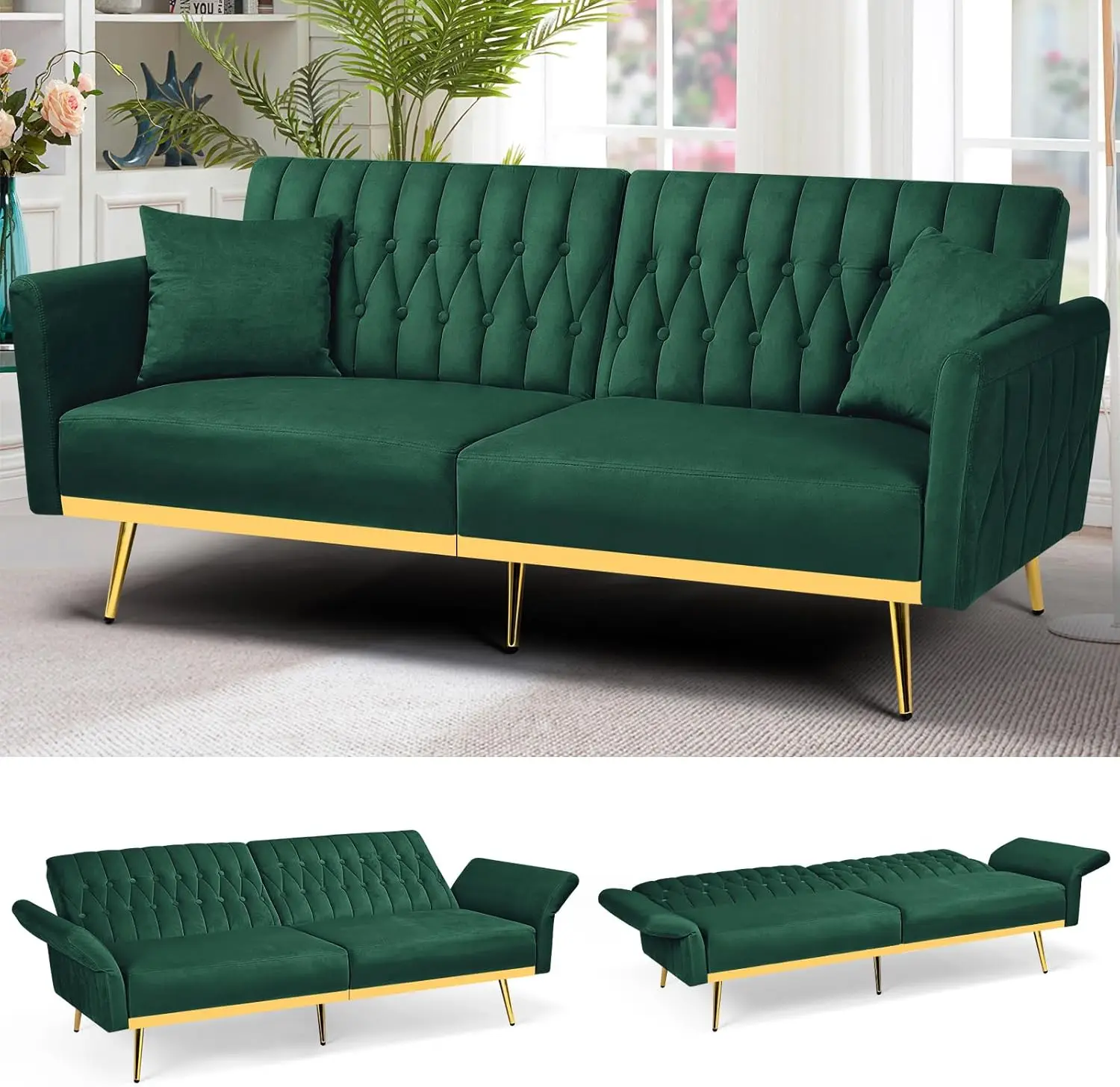 70” Velvet Futon Sofa Bed w/Adjustable Backrests and Armrests, Convertible Futon Couch with Two Pillows