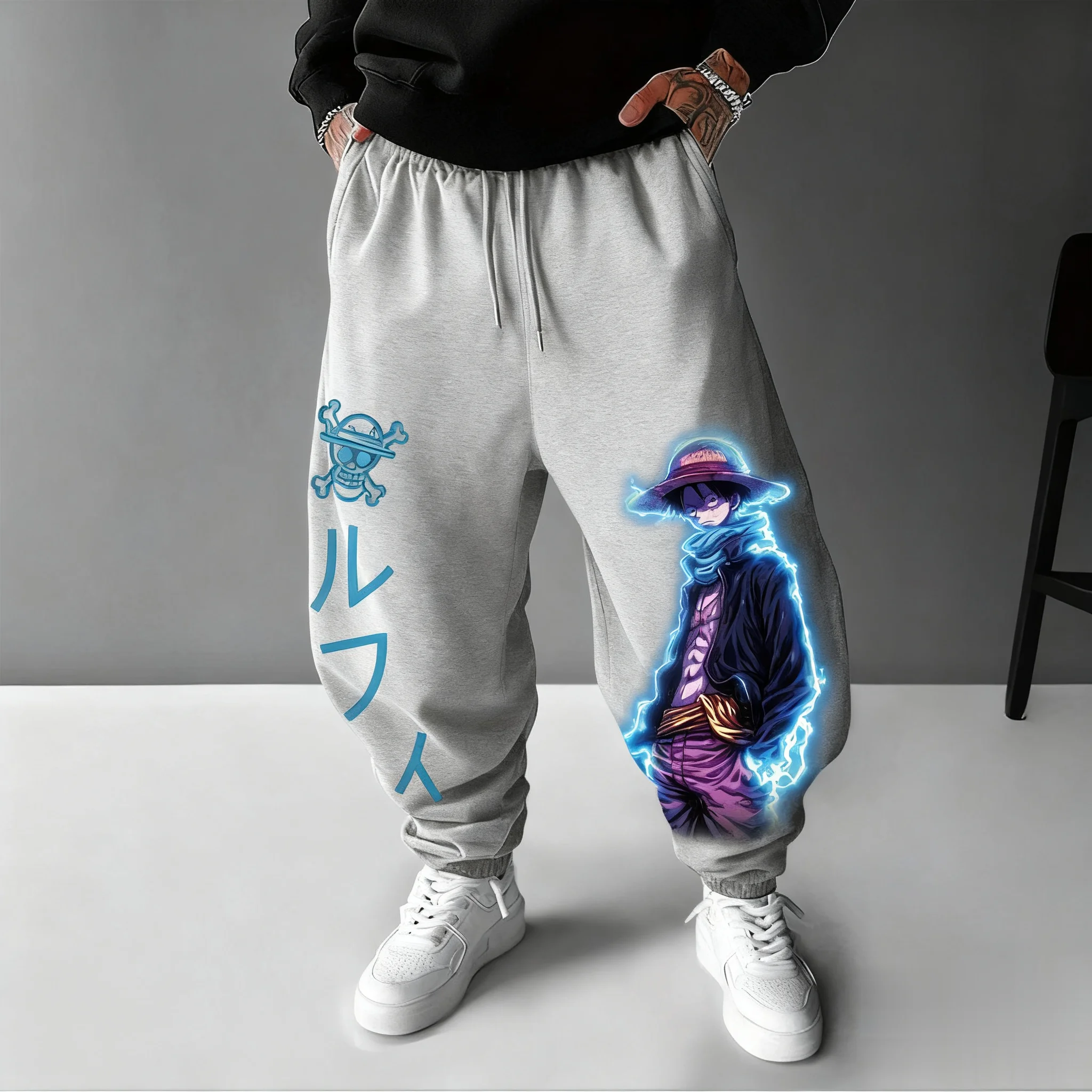 Uma peça anime luffy joggers calças masculinas casuais streetwear dos desenhos animados impresso calças hiphop moda verão outono moletom y2k