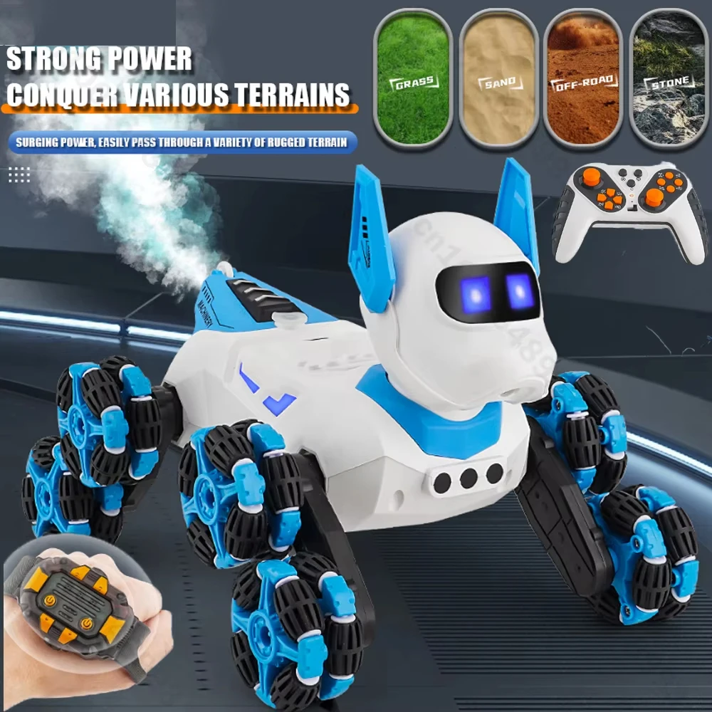 

2.4G Remote Control Robot Dog Eight wheel 360 Drift Stunt Gesture Insduction with Light Music Spray Toys for Boys Children Gift