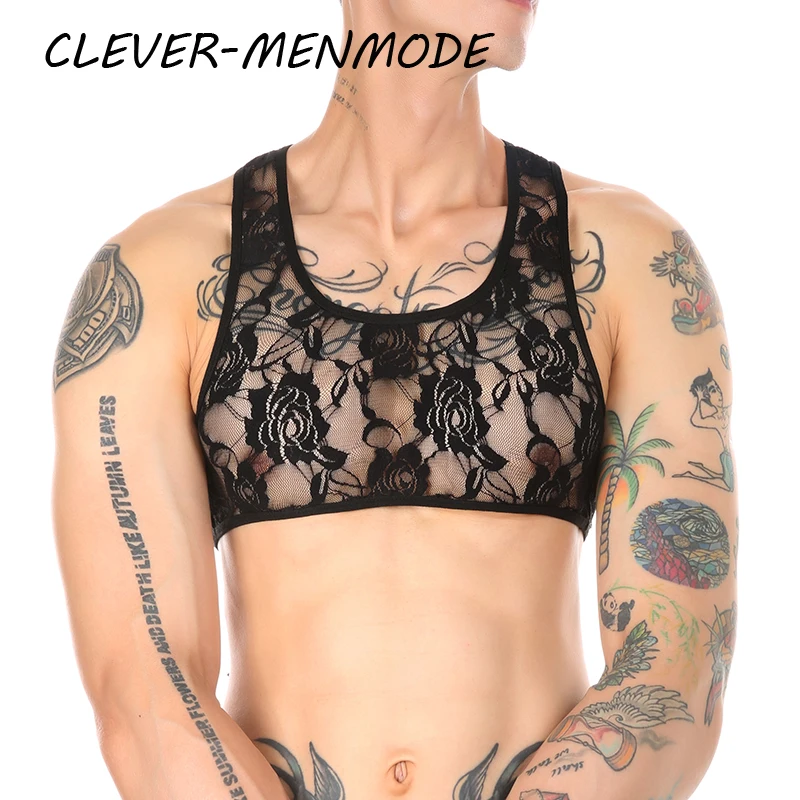 CLEVER-MENMODE 남성용 섹시한 시스루 포르노 브라, 레이스 투명 크롭탑, 통기성 섹스 에로틱 복장, 시시 미니 비키니