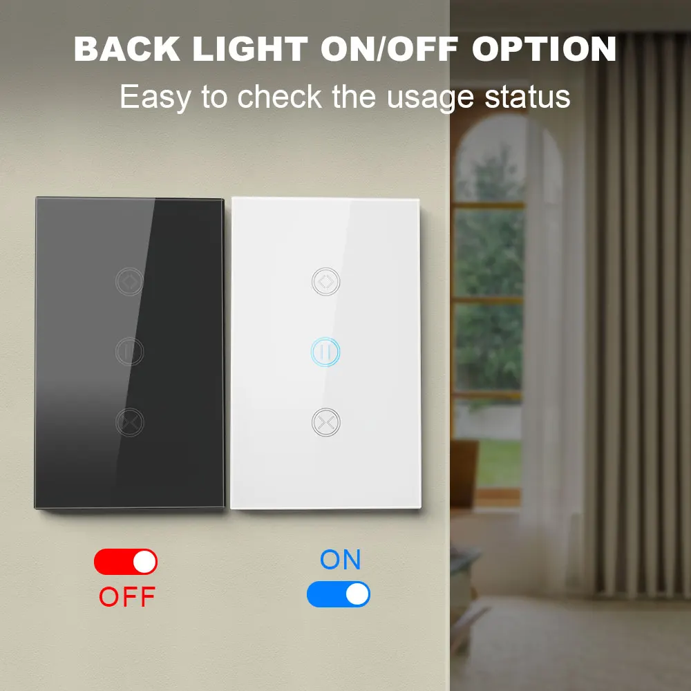 WiFi curtain smart switch, touch control, Alexa Google Home Yandex Alice voice control, programming and remote control, glass pa