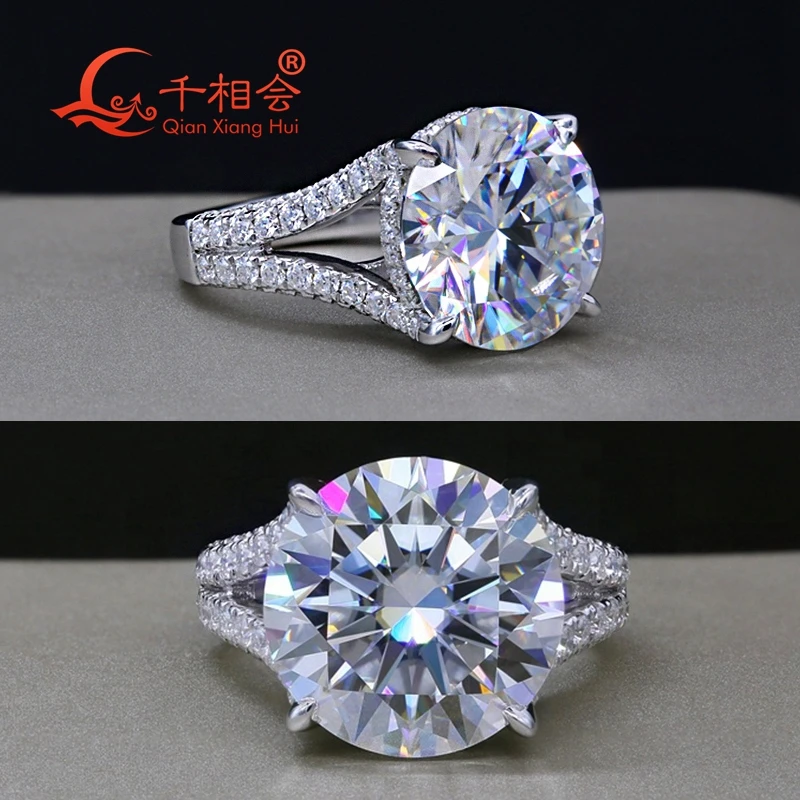 

12 карат, 15 мм, круглый белый муассанит, большой размер, серебряное кольцо 925 пробы, роскошное женское обручальное кольцо V Half Eternity, подарок на свидание