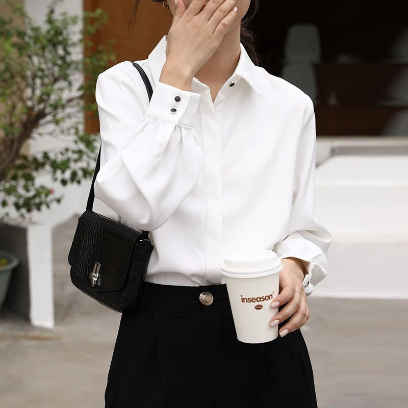 Women White Elegant Chiffon Shirts Fashion Slim Single Breasted Turn Down Collar Fall Solid Casual Office Lady Long Sleeve Top