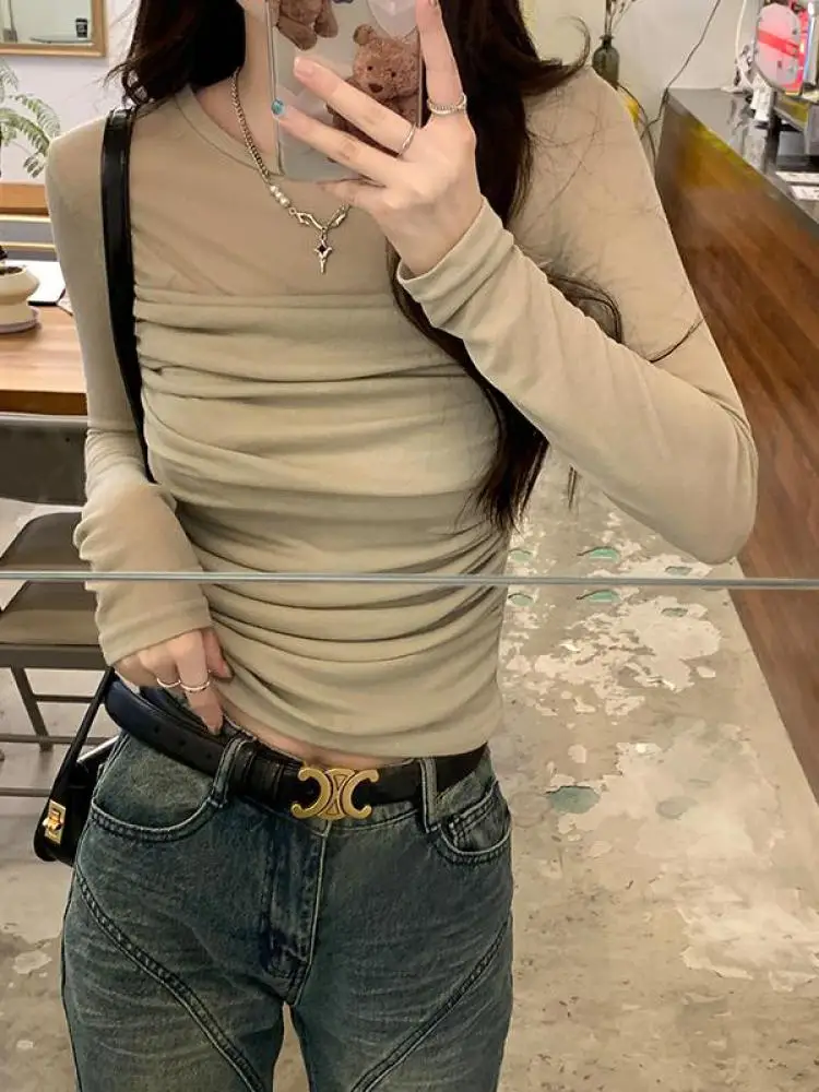 

Korean Fashion Women Spring New Solid Mesh Long Sleeve Holiday T Shirt Ladies Round Neck Slim Pleated Tops Trend Casual Clothing