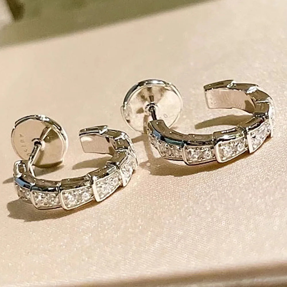 Custom Solid 10K White Gold Stud Hoop Earrings Women Snake Bone Wedding Anniversary Engagement Party Moissanite Diamond Romantic