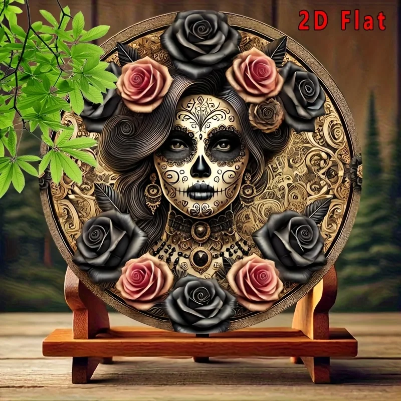 2D Flat – 1 Stück Vintage-Aluminium-Tag der Toten und Halloween-Kunsttafel – rund, dekorativer Totenkopf-Wandbehang mit schwarzem Ros