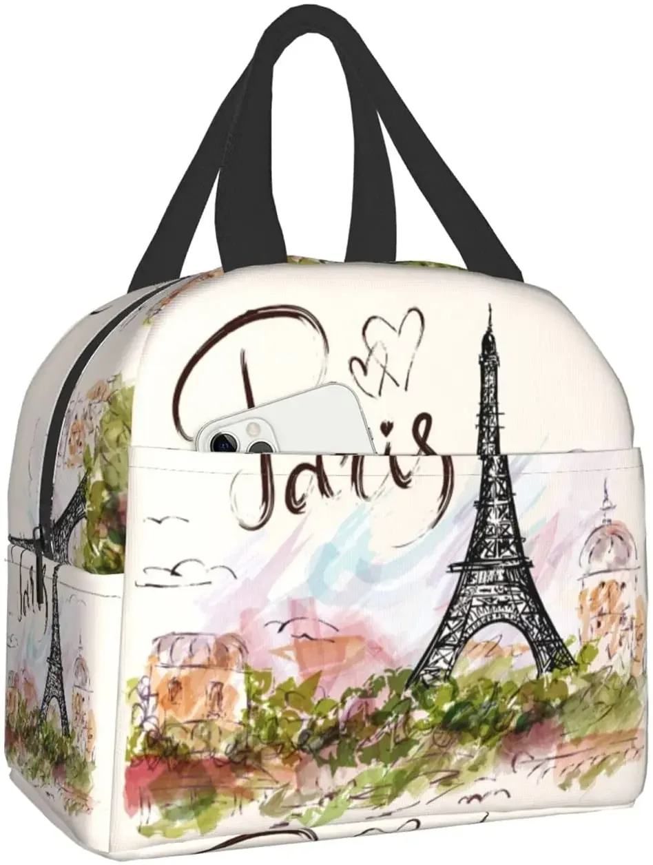 Paris Eiffel Tower Lunch Bags for Women Boy Girl Reusable Insulated Lunch Box Suitable Travel Work Picnic Beach Office Cooler