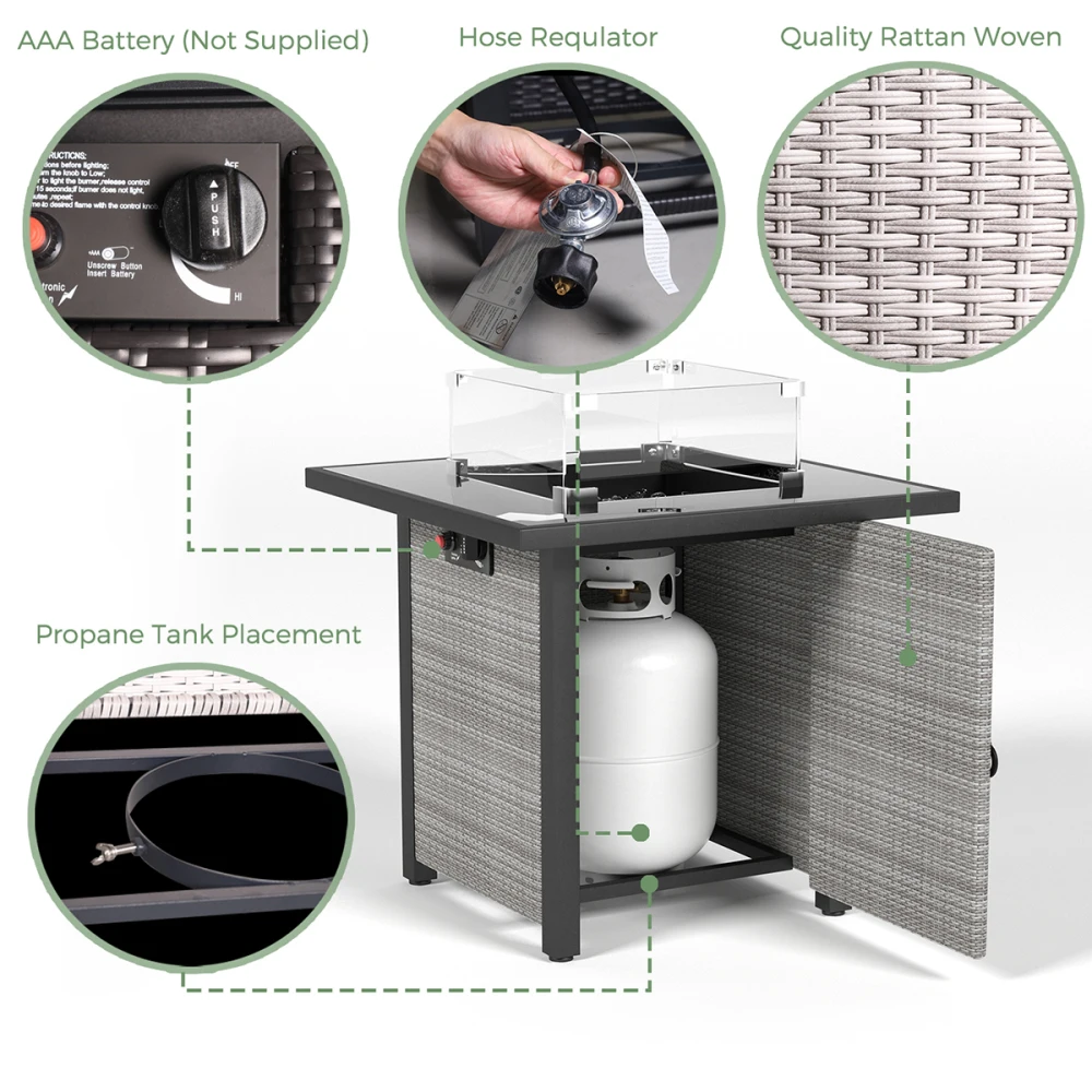 Mesa para fogueira propano de 28 polegadas, rattan e vime, fogões a gás 50000 BTU, tampo de vidro temperado com pára-brisas de vidro