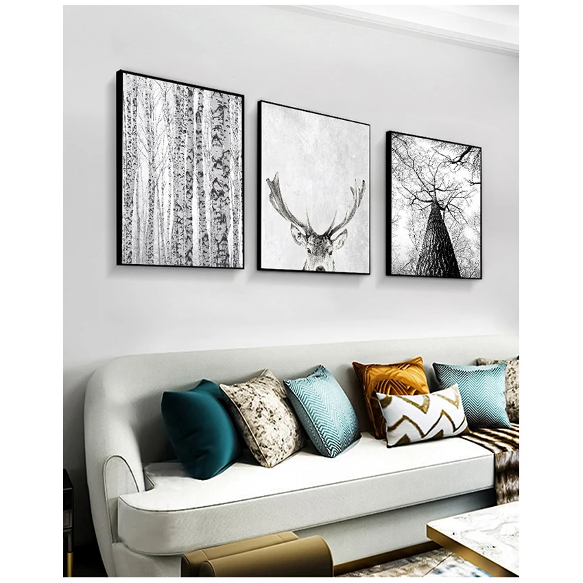 Wall Art Print Minimalist Painting Living Room Picture Scandinavian Forest Deer Eagle Black White Landscape Canvas Poster Nordic