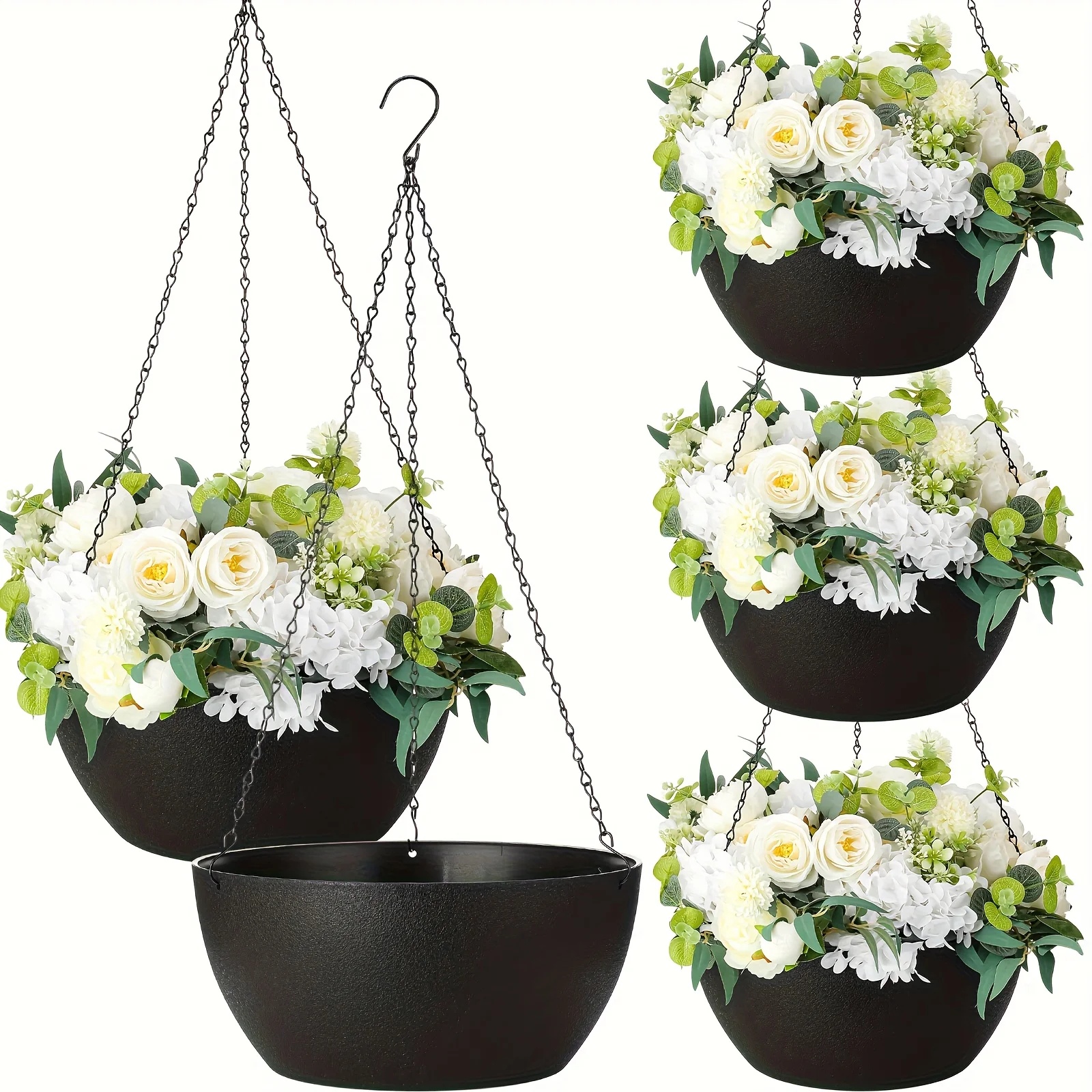 

Set of 4 Large 13-Inch Hanging Flower Pots Suitable for Indoor And Outdoor Use, Featuring Drainage Holes.