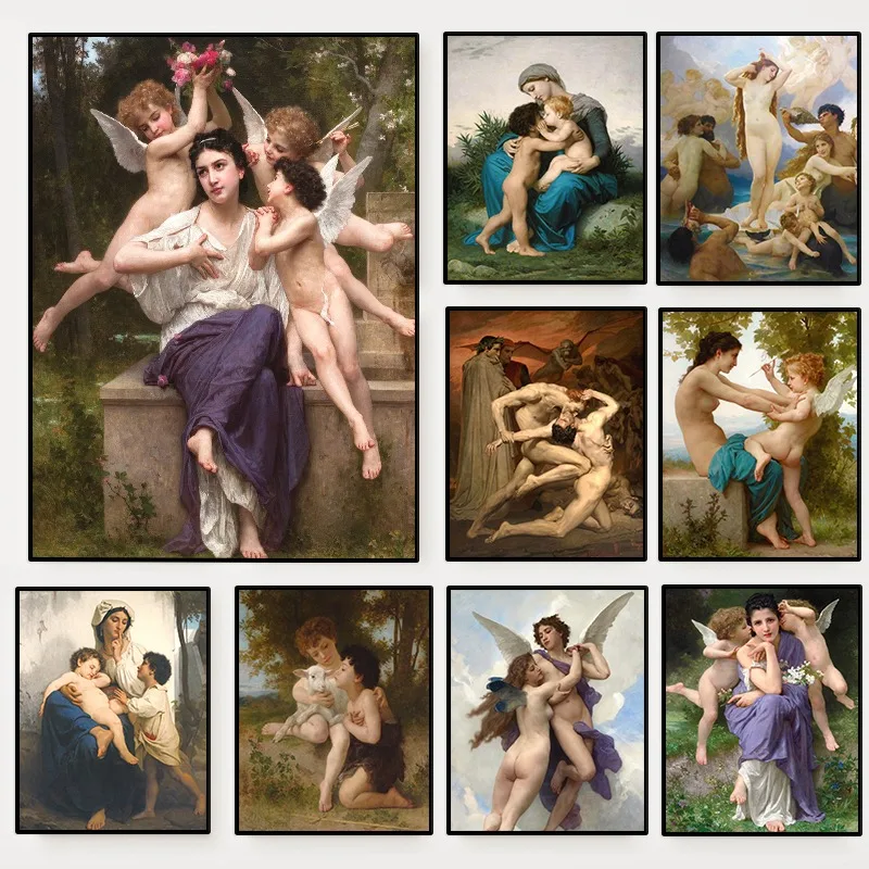 Affiche d'art classique vintage de William Bouguereau, Jeunesse, Femme, Anges, Peinture sur toile, Décoration murale pour salon et maison