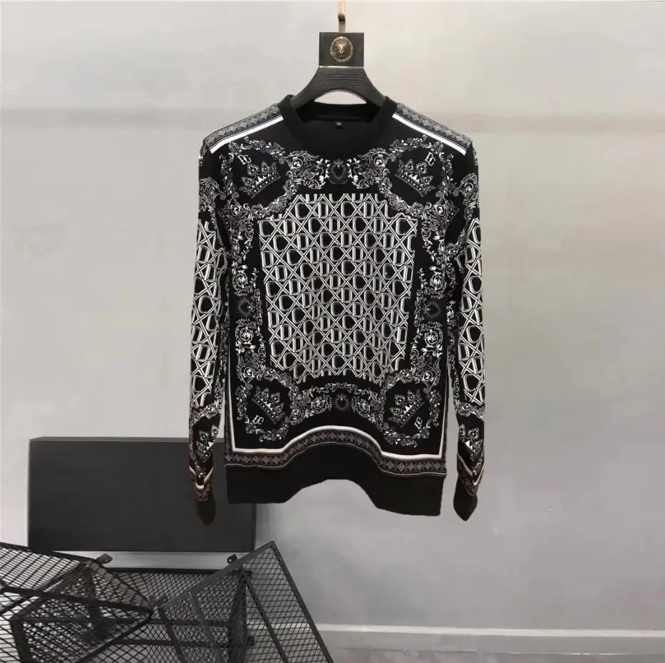 

Europe and the United States men's 2023 winter new Long sleeve crew neck vintage print Fashionable velvet hoodie