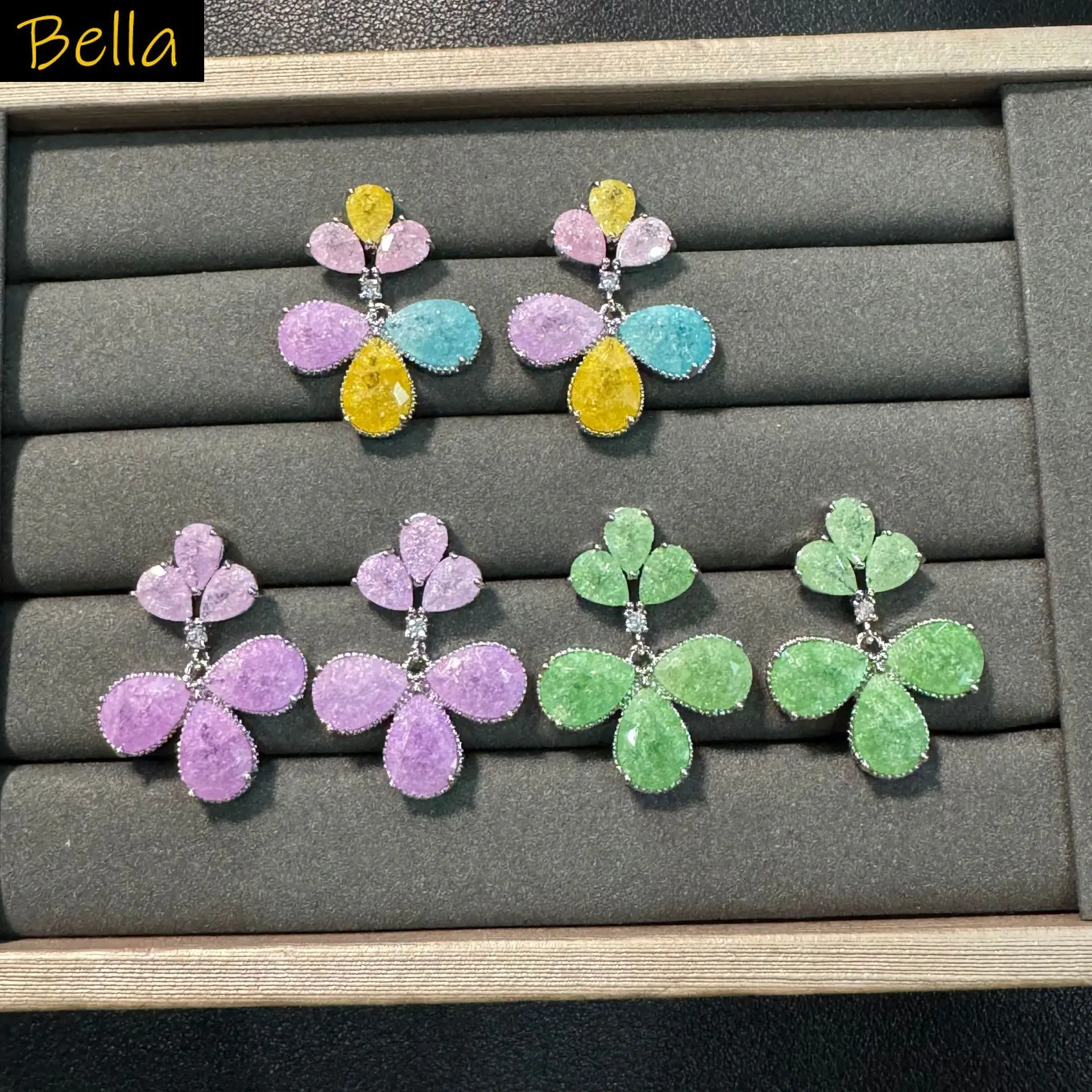 

Cute Pastel Flower Zircon Drop Earrings for Women Girls Sweet Jewelry for Party Gift Purple Pink Green Leaf Teardrop Earrings