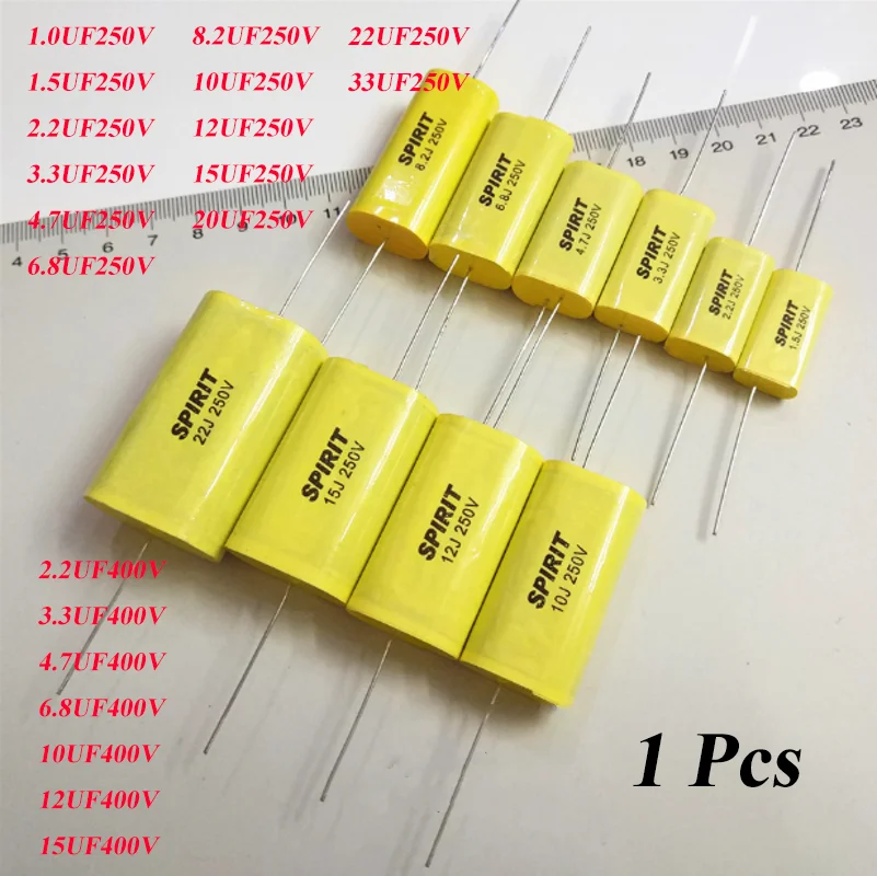 1pcs SPIRIT 1uF~33uF 250VDC 400VDC MKP Polypropylene Axial Non-Polarized Capacitor Yellow for Audio Speaker Crossover