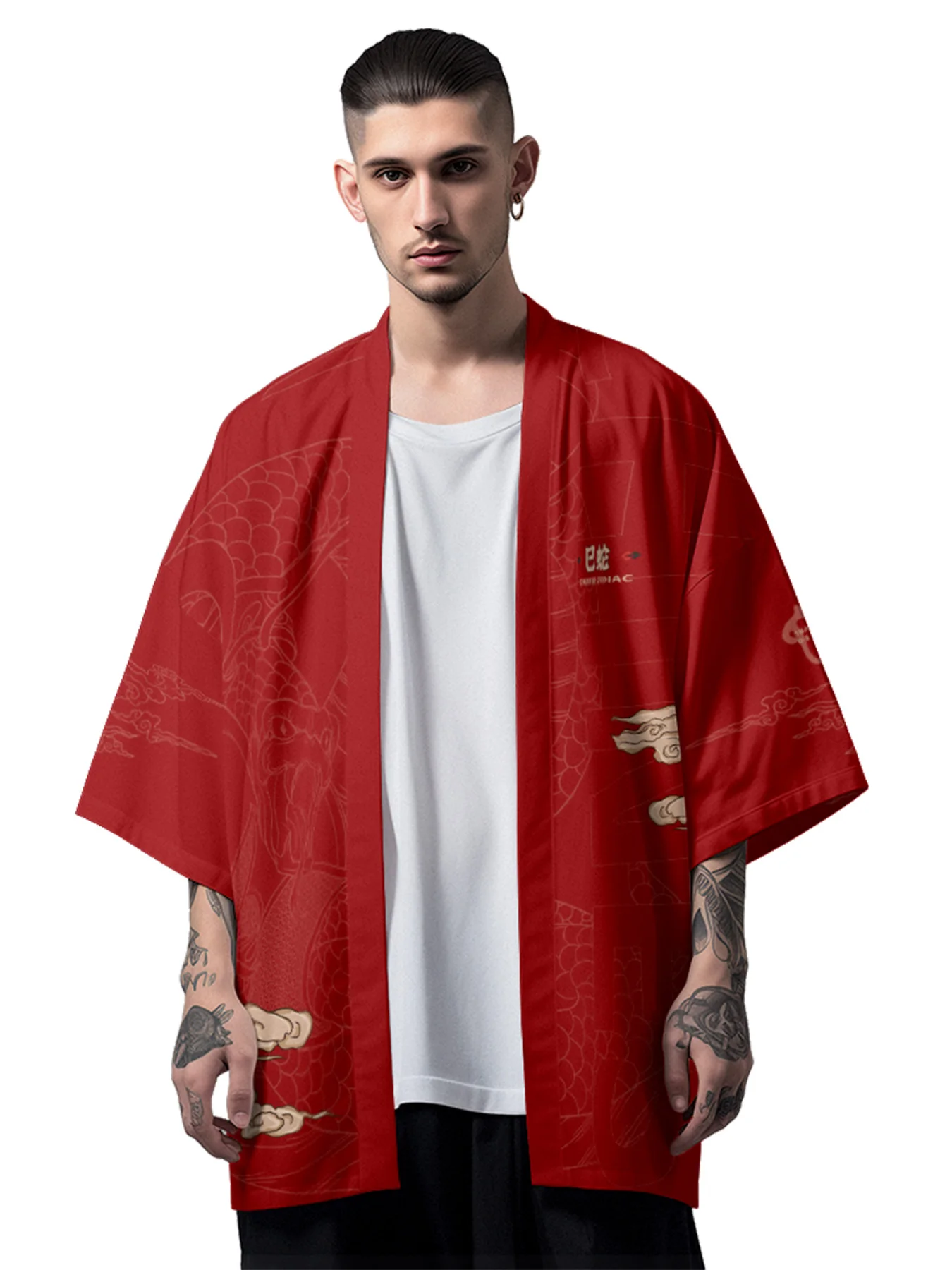 Traditional Chinese Zodiac Snake Print Men's Short-sleeved Shirt Loose Feather Woven Daoji Kimono Casual National Fashion Coat