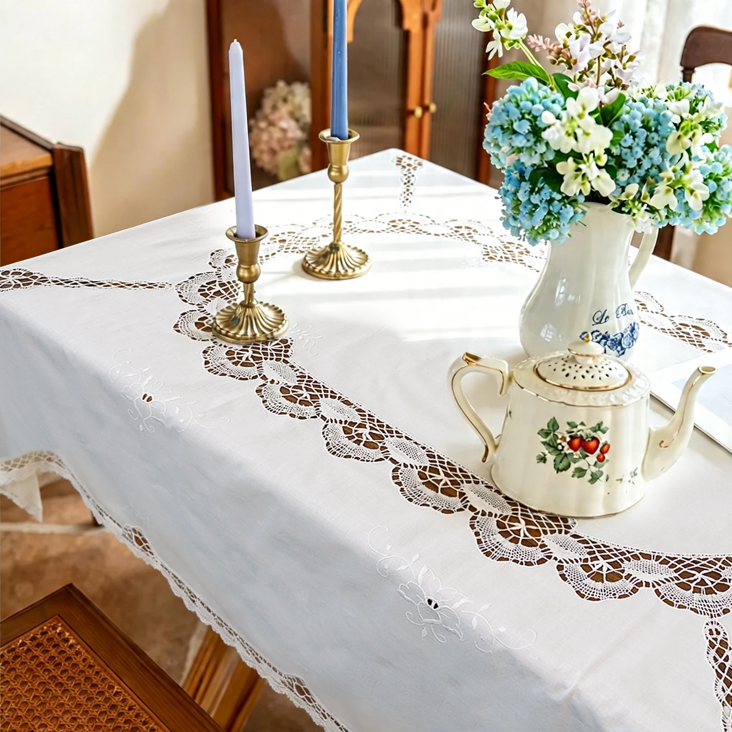 

Vintage Cotton Linen Tablecloth with Handmade Crochet Lace Elegant Embroidered Cutwork Table Cover Decor for Dining Room Wedding