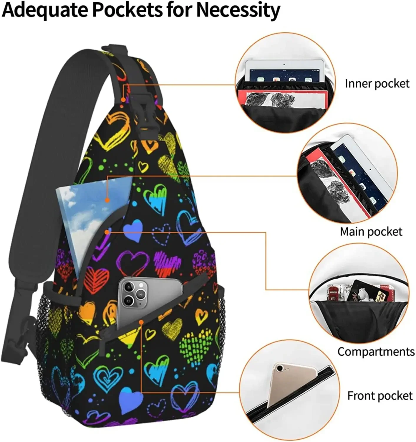 Rainbow Hearts LGBT Gay Pride Plaid Sling Mochila Bolsa de pecho Lgbt Crossbody Sling Bag Viaje Senderismo Mochila para hombres y mujeres