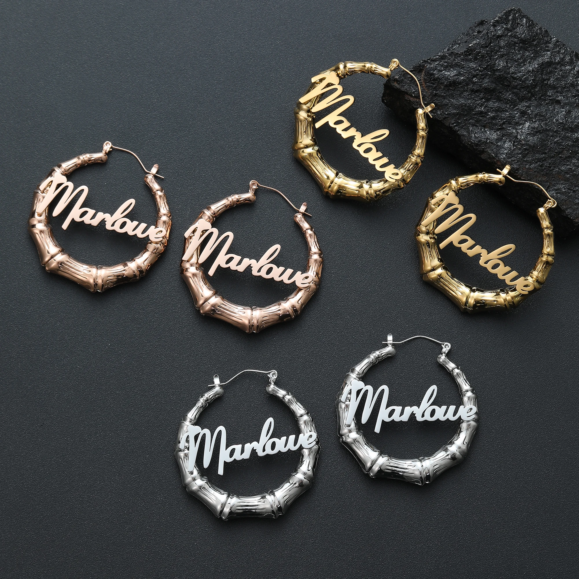 Pendientes de bambú grandes personalizados para mujer, aretes con nombre personalizado, diseño dorado, joyería de acero inoxidable, regalos