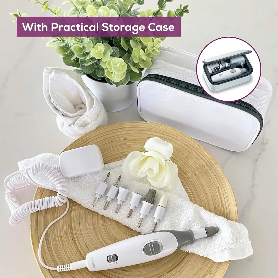 Taladro eléctrico para uñas Beurer MP32 con 7 accesorios, juego de manicura y pedicura con niveles de 2 velocidades y doble rotación para SalonQua