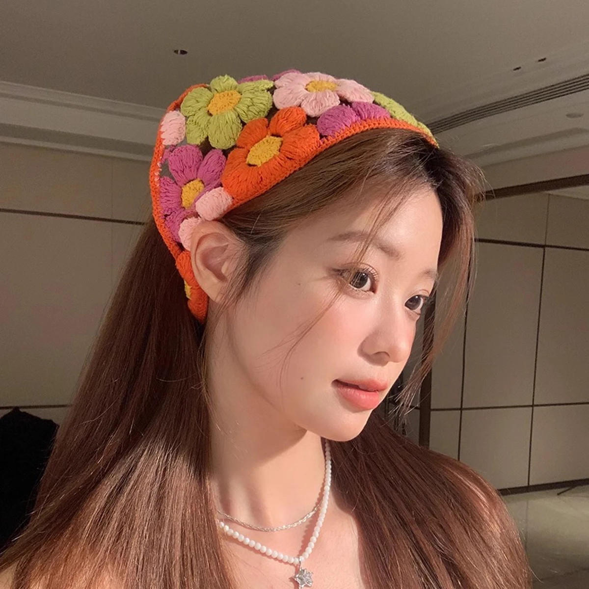AWAYTR Knitted Triangle Headband French Pastoral Style Little Flower Headband Towel Handmade Crochet Headscarf Hat Spring Summer