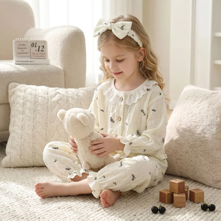 Sommer Frühling Herbst Mädchen Elegante Spitzen-Pyjama-Sets Kinder Atmungsaktive Bequeme Langarm-Hauskleidung Sets Kinder-Schlafanzüge – Detail 25