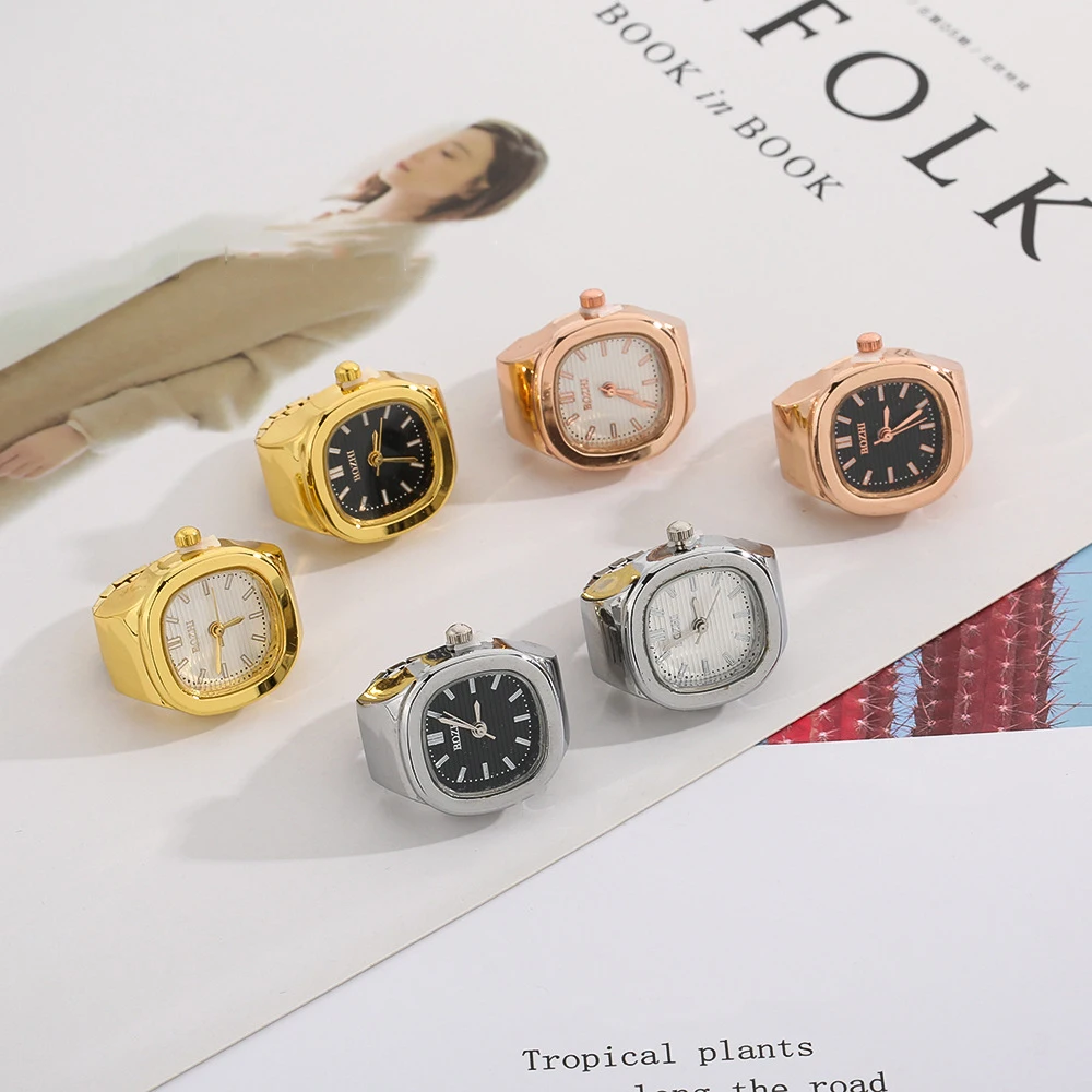Kiss Jewelry Fashion Simple Square Dial Quartz Watches Rings Women Men Vintage Elastic Strap Alloy Clock Watch Ring Accessories