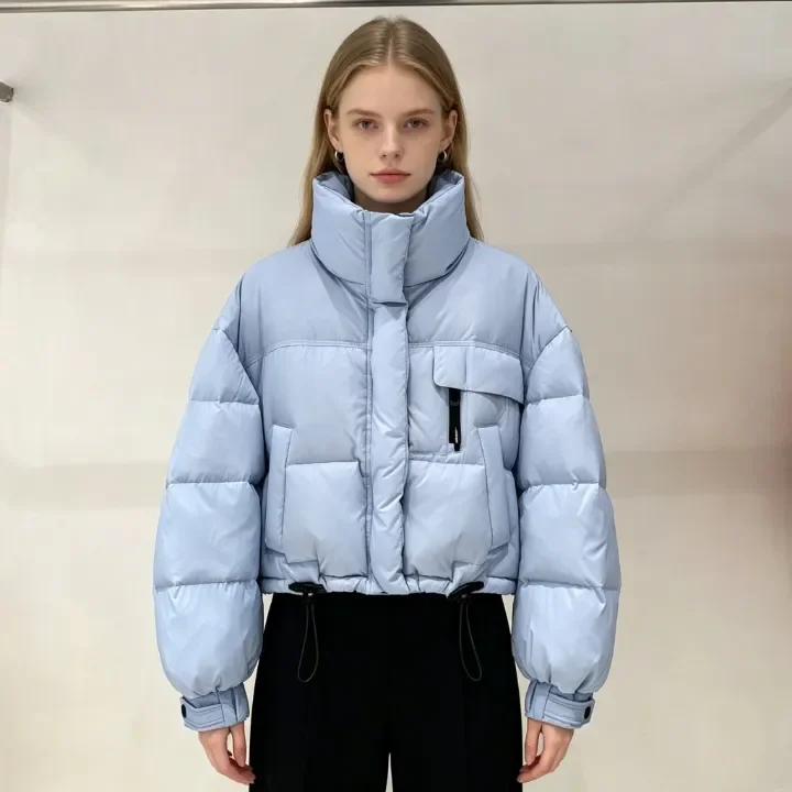 Women Cropped Stand Collar Puffer Jacket Thick Windproof Padded Coat Petite Oversize Drawstring Hem Winter Warm Outerwear