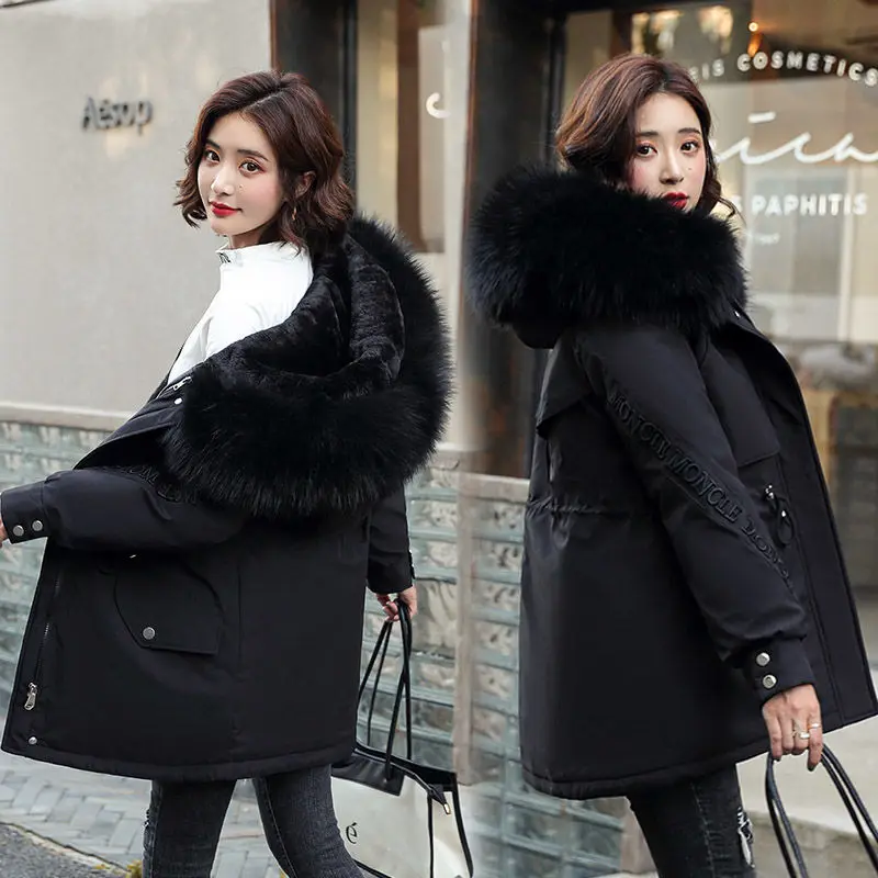2023 New Women Down Cotton Coat Winter Jacket Female Mid Length Version Parkas Loose Thick Plush Outwear Fur Collar Overcoat