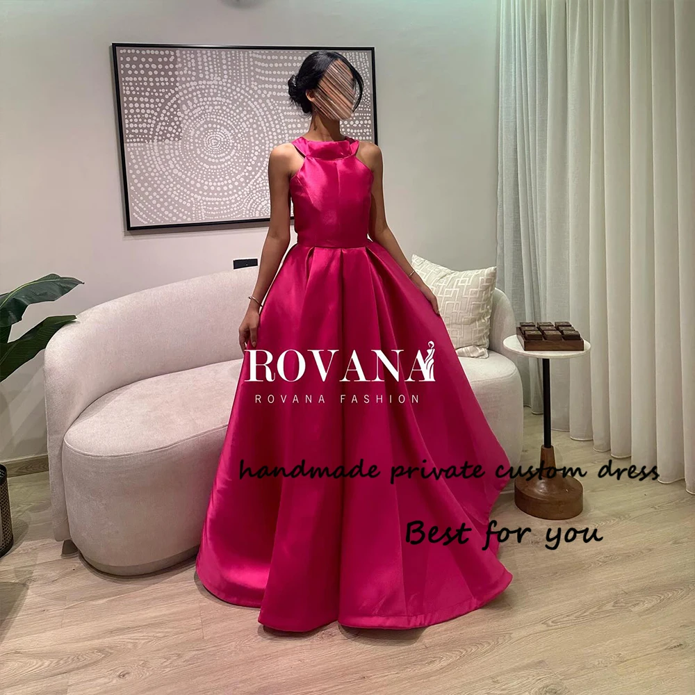 

Hot Pink Satin A Line Evening Dresses for Women Halter Arabian Dubai Formal Party Dress with Train Long Evening Prom Gowns