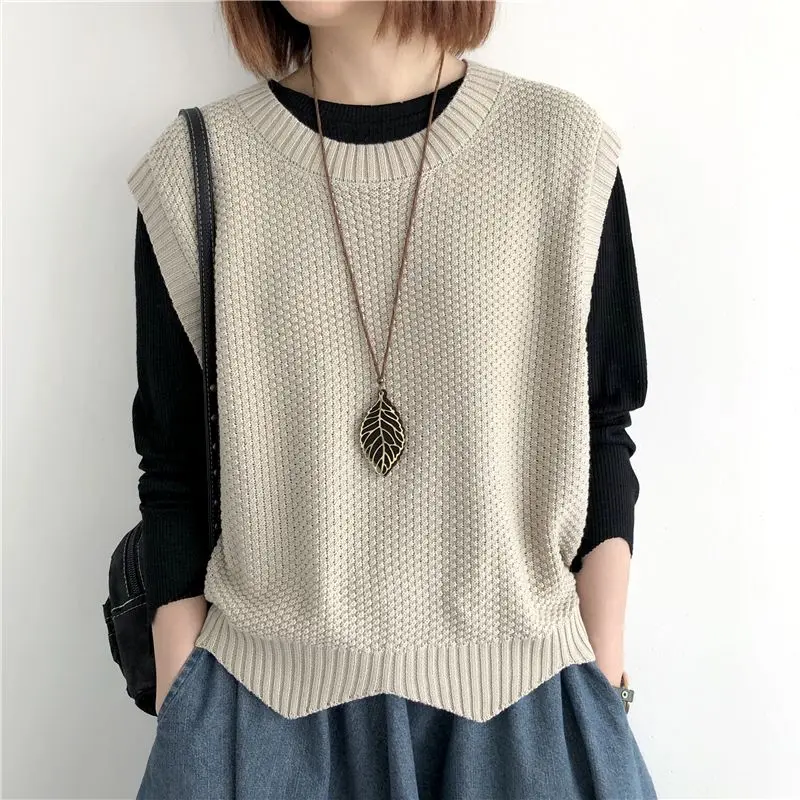 New Knitted Vests Women Spring Autumn Solid Loose O-neck Irregular Hem Pullover Sweaters Outerwear Simple Office Lady Fashion