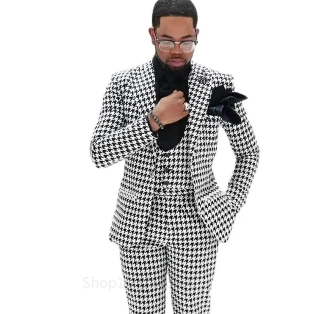 Men's Wedding Prom Dress Slim 3 Pieces Houndstooth Suit Sets Groom Single Breasted Button Latest Design