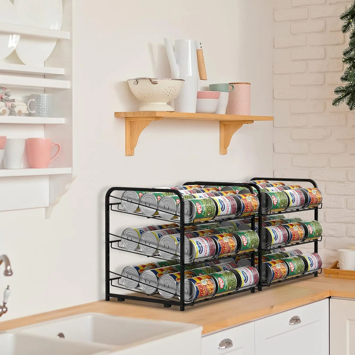 Dispenser 2 Pack Can Storage Rack Organizer Can Food Storage Rack Holds Up to 72 Cans for Kitchen Cabinet Countertops, Black