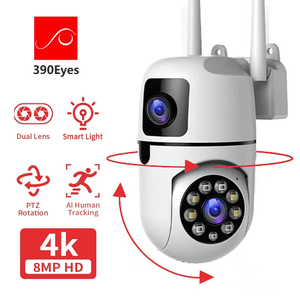 

390Eyes 8MP WiFi PTZ Outdoor Camera Dual Screens Dual Lens 4MP Security IP Mini Camera Motion Detection Ai Tracking Siren Alarm