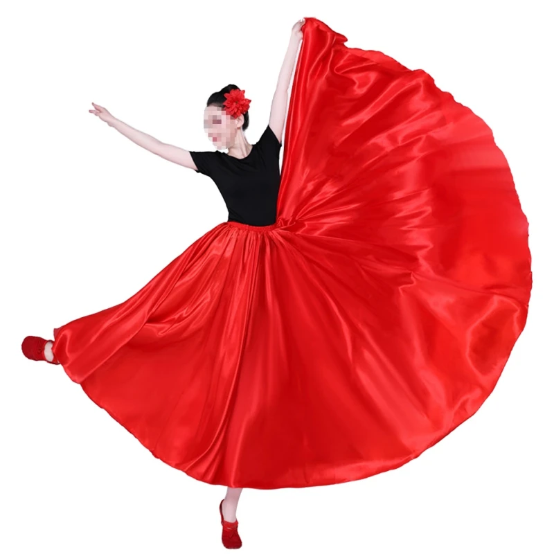 

Women Shining Satin Long Spanish Skirt Big Swing Dancing Skirt Belly Dance Sun Skirt 17 Colors Vestido Stage Performance Costume