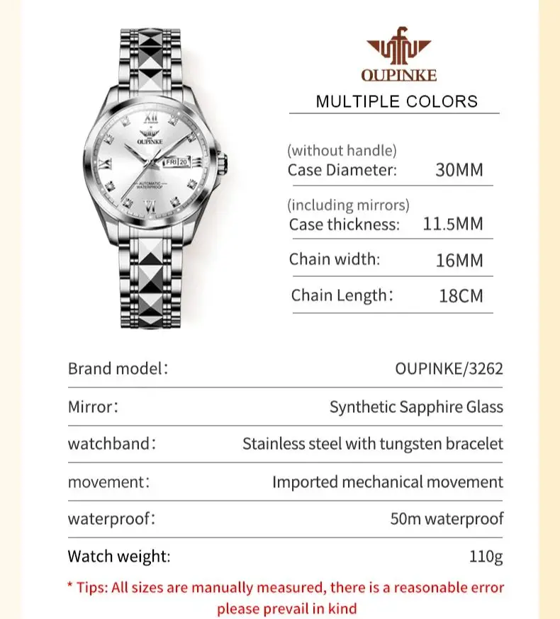 OUPINKE 3262 Original Elegant Mechanical Woman Watch Stainless Steel Dual Calendar Watch For Women Diamond Waterproof Hand Clock