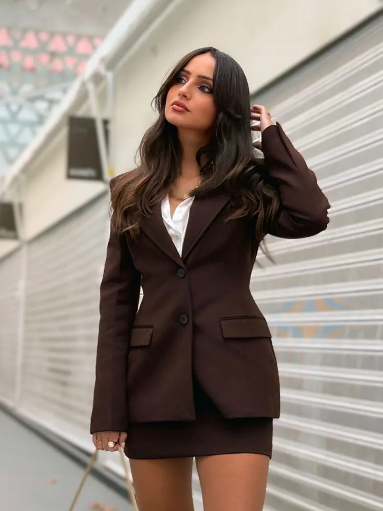 Hh primavera moda feminina ternos marrom turn-down colarinho mangas compridas único breasted blazer + cintura alta saia com zíper conjuntos femininos
